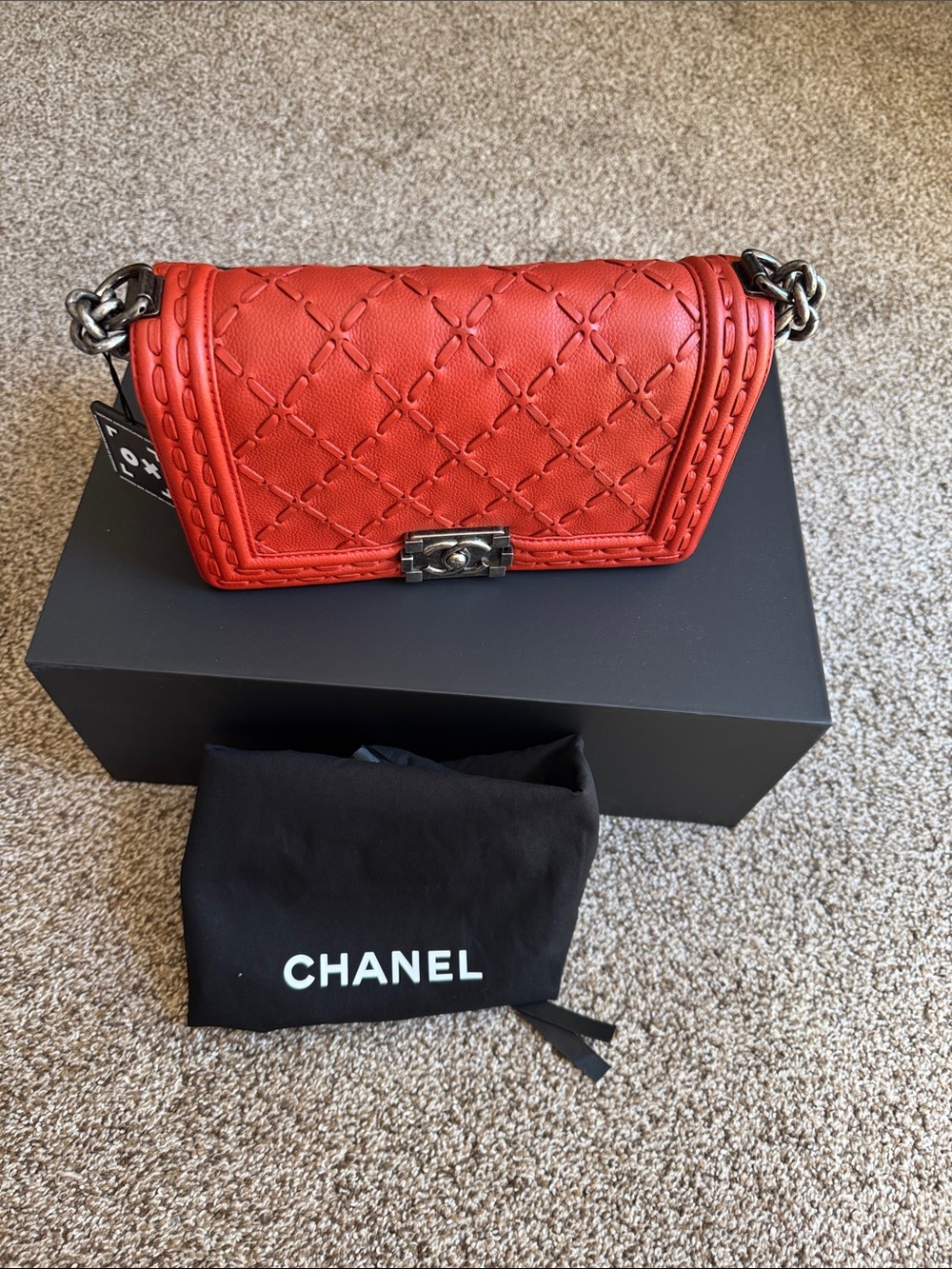 CHANEL Red Quilted Lambskin Shoulder Bag with Gunmetal Chain